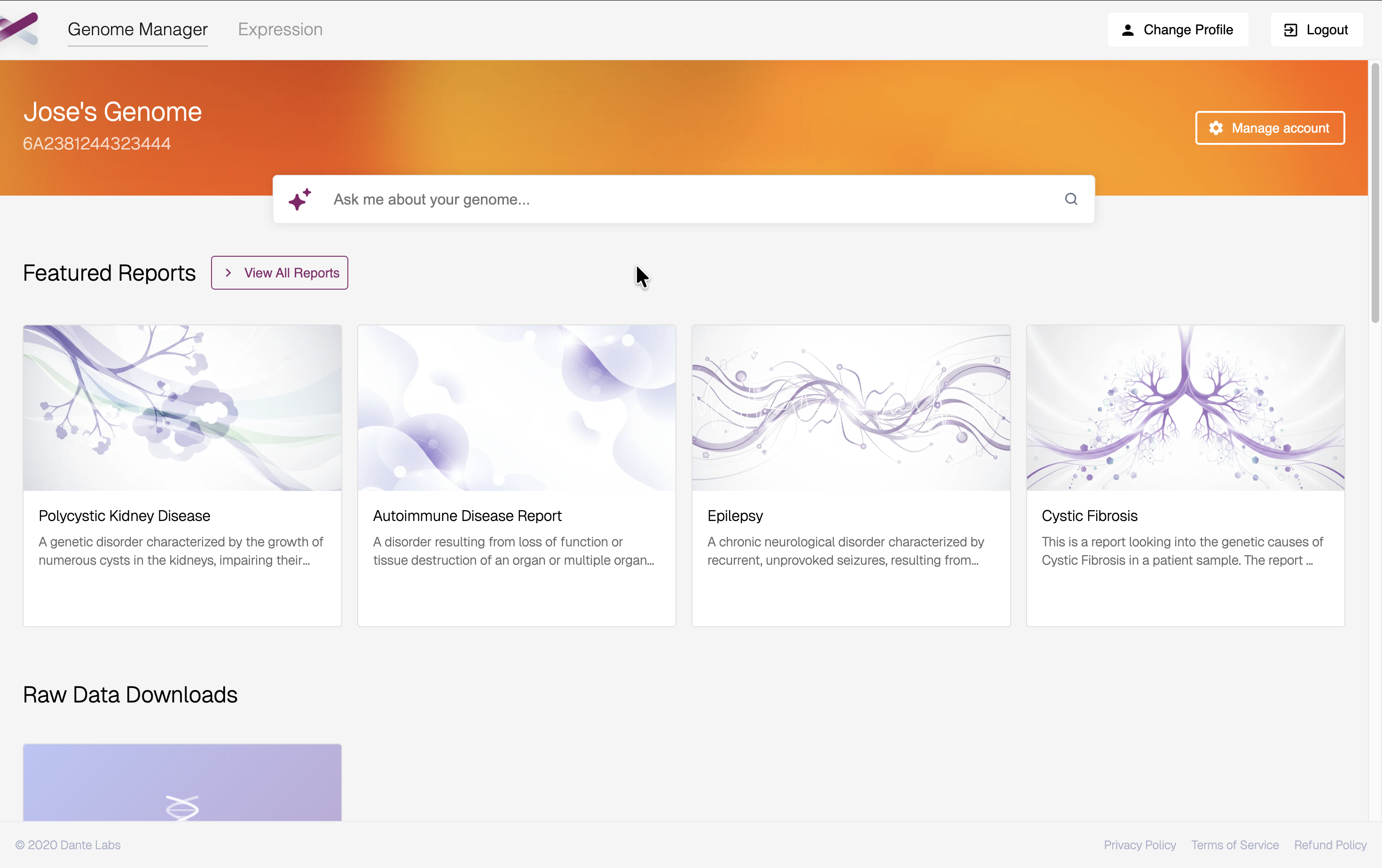Genome Manager dashboard with featured reports and raw data downloads
